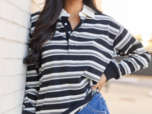 Sandra Black Striped Collared Pullover