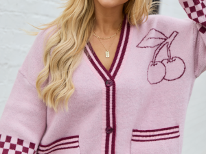 Maeve Pink And Burgundy Cherry Checkered Cardigan