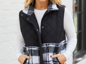 Tasha Black and White Plaid Sherpa Quilted Vest