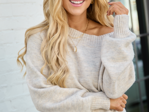 Rilyn Grey Off the Shoulder Crewneck Sweater