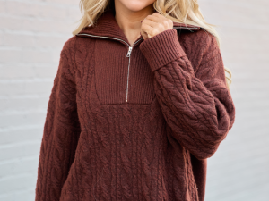 Chismer Brown Cable Knit Zip Up Sweater