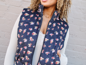 Janice Black Floral Print Puffer Vest