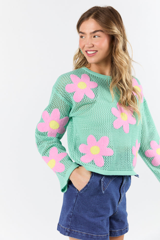 Follow You Around Mint And Pink Flower Embroidered Sweater FINAL SALE - Image 6