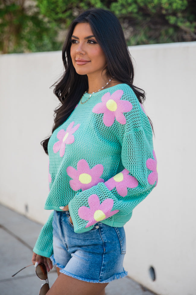 Follow You Around Mint And Pink Flower Embroidered Sweater FINAL SALE - Image 4