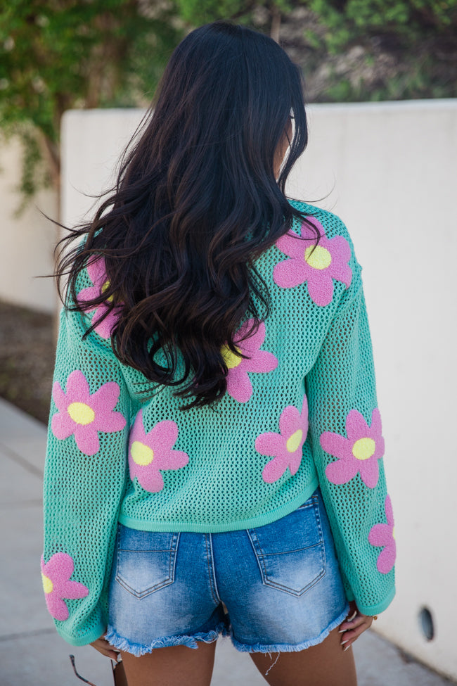 Follow You Around Mint And Pink Flower Embroidered Sweater FINAL SALE - Image 5