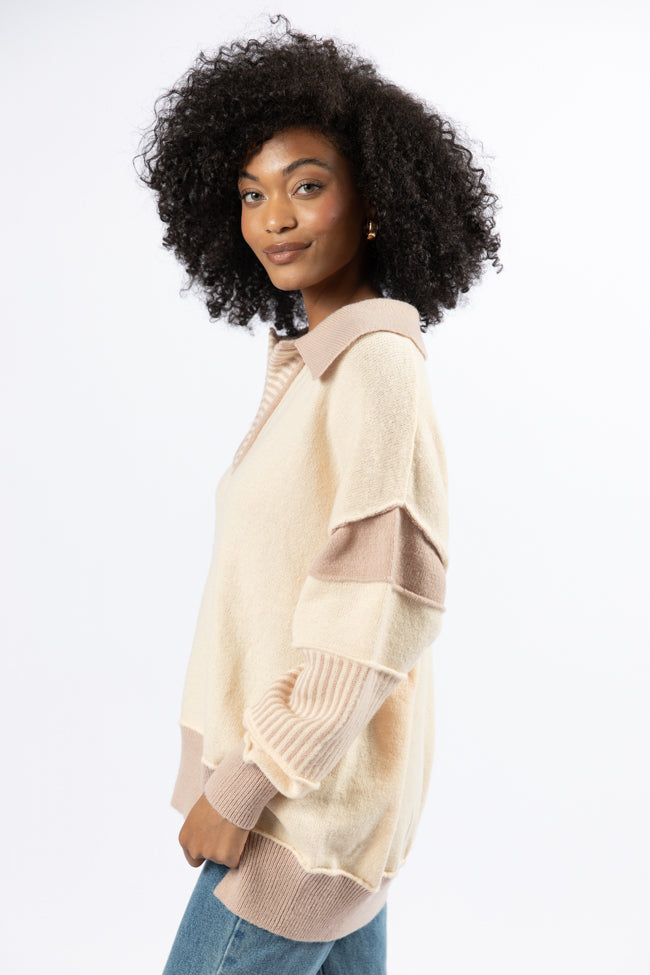 Think About It Cream and Mauve Collared Oversized Sweater - Image 5