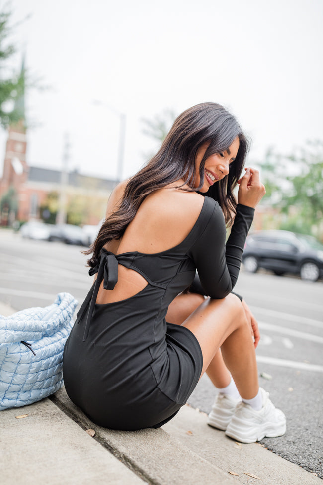 On The Rise Black Long Sleeve Open Back Active Dress FINAL SALE - Image 2