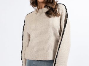 In and Out Taupe and Black Contrast Stitch Sweater FINAL SALE