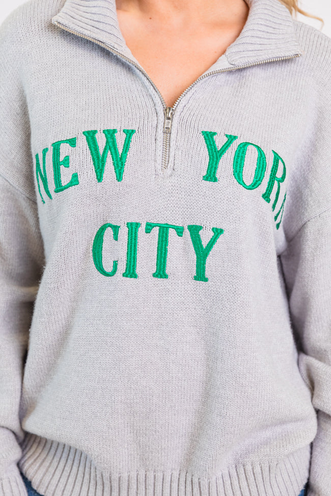 Roll With It Grey and Green New York Embroidered Quarter Zip Sweater FINAL SALE - Image 4