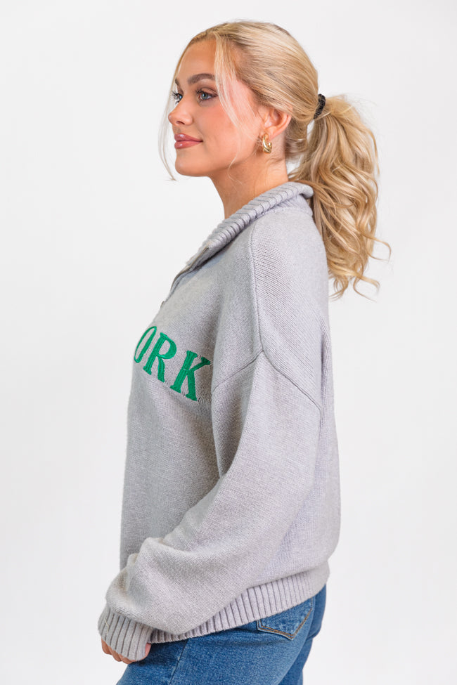Roll With It Grey and Green New York Embroidered Quarter Zip Sweater FINAL SALE - Image 5