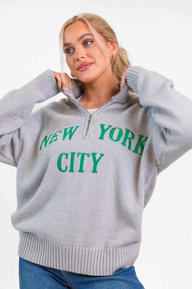 Roll With It Grey and Green New York Embroidered Quarter Zip Sweater FINAL SALE