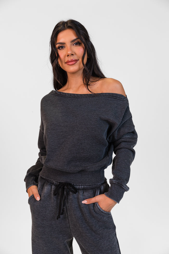 Learn As You Go Black Acid Washed Off The Shoulder Sweatshirt DOORBUSTER - Image 5