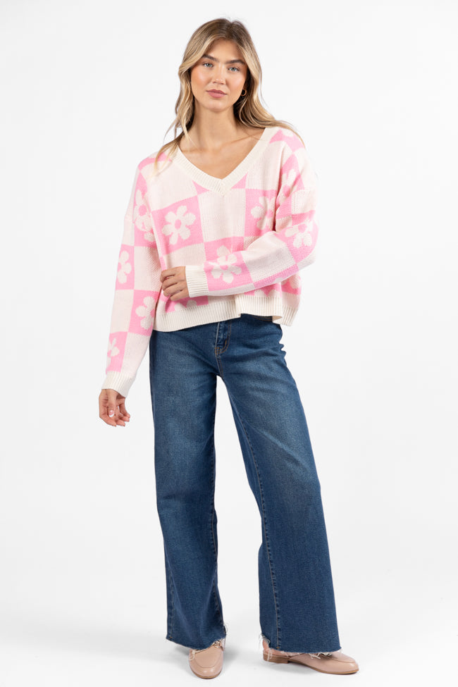 Found A New Way Pink V-Neck Checkered Flower Sweater FINAL SALE - Image 2
