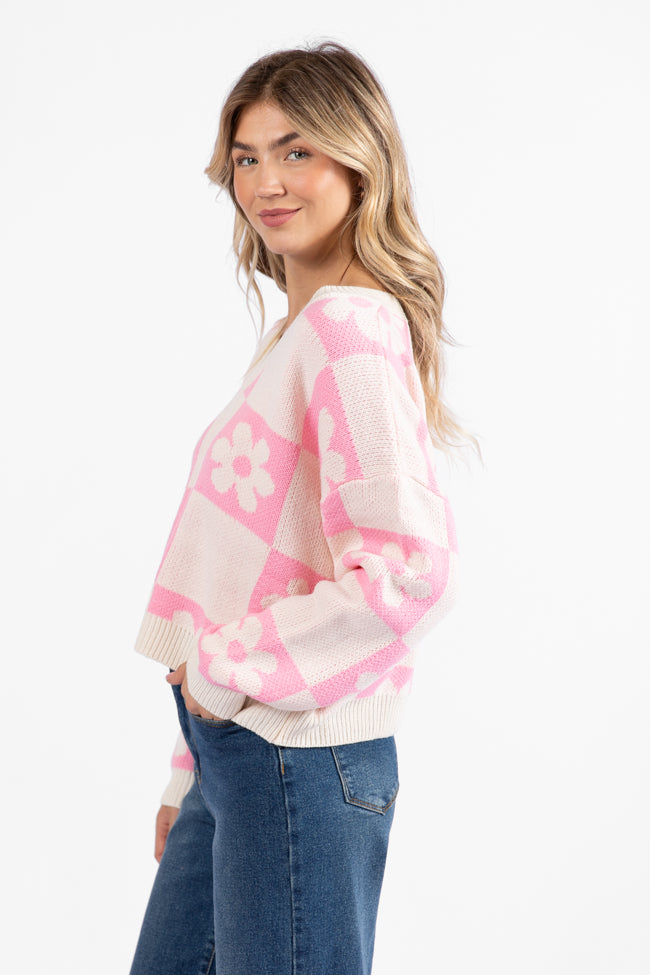 Found A New Way Pink V-Neck Checkered Flower Sweater FINAL SALE - Image 4