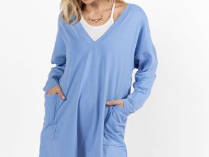 On A Daily Basis Indigo Deep V-Neck Pocketed Long Sleeve Romper FINAL SALE