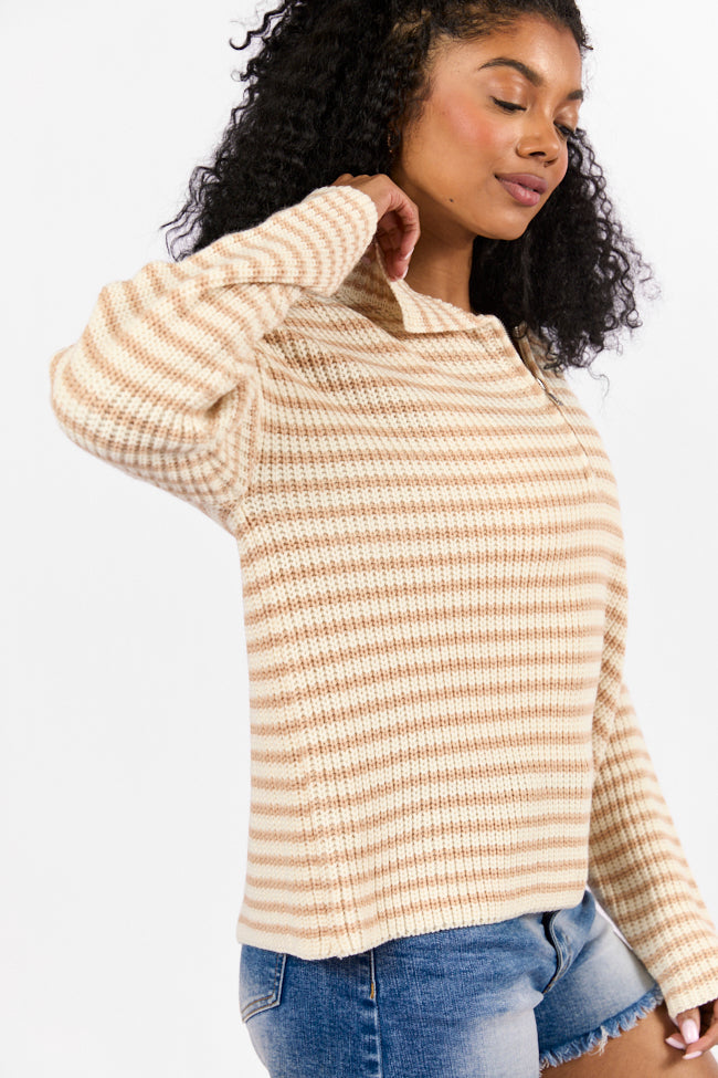 Bayside Breeze Ivory and Tan Stripe Quarter Zip Pullover Sweater FINAL SALE - Image 4