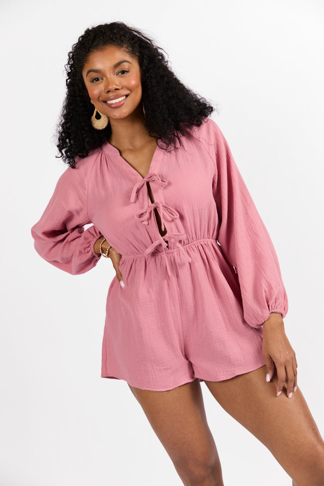 Endless Sunshine Pink Tie Front Long Sleeve Romper FINAL SALE - Image 5