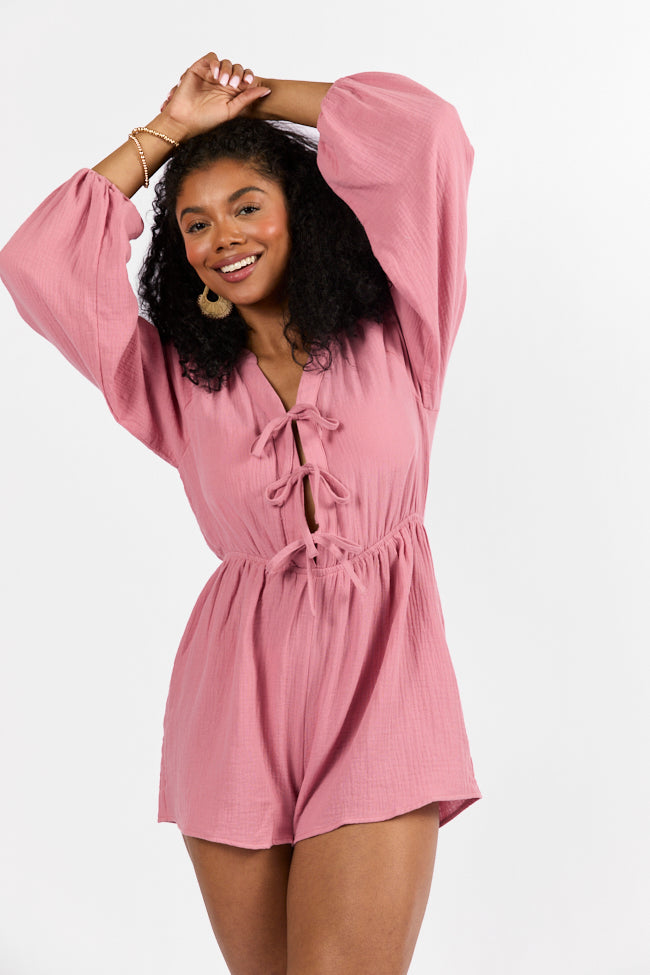 Endless Sunshine Pink Tie Front Long Sleeve Romper FINAL SALE - Image 3