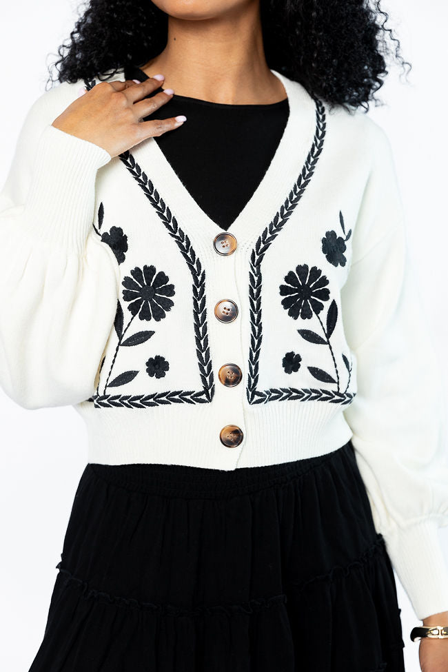 Bloom With Grace Ivory and Black Floral Embroidered Cardigan FINAL SALE - Image 3
