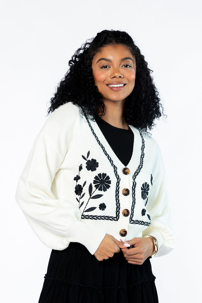 Bloom With Grace Ivory and Black Floral Embroidered Cardigan FINAL SALE