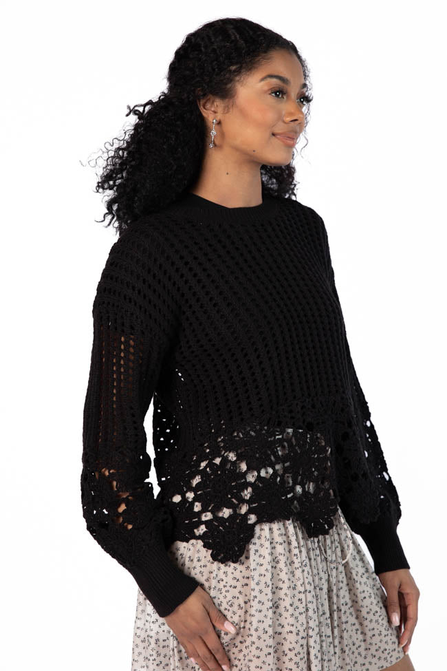 A Little Dramatic Black Flower Trim Crochet Sweater FINAL SALE - Image 4