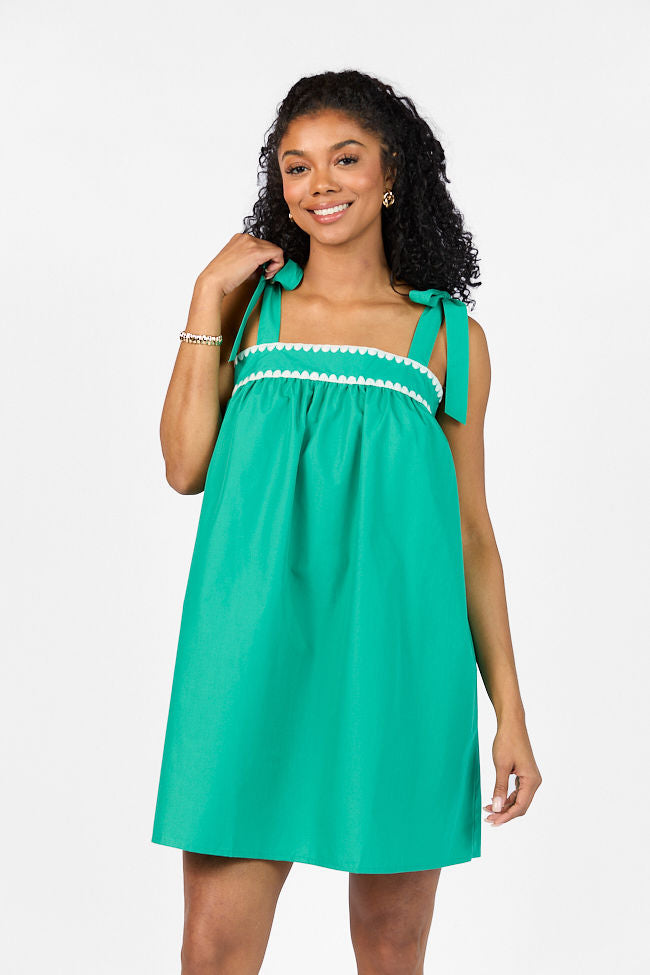 Better This Way Green Tie Shoulder Stitched Trim Mini Dress FINAL SALE