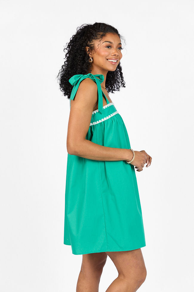 Better This Way Green Tie Shoulder Stitched Trim Mini Dress FINAL SALE - Image 4