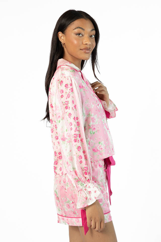Dont Wake Me Up Pink Multi Floral Long Sleeve Satin Pajama Top FINAL SALE - Image 4