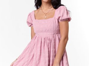 Breezing By Pink Textured Square Neck Mini Dress FINAL SALE