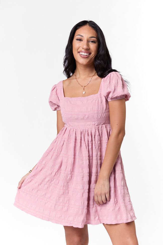 Breezing By Pink Textured Square Neck Mini Dress FINAL SALE