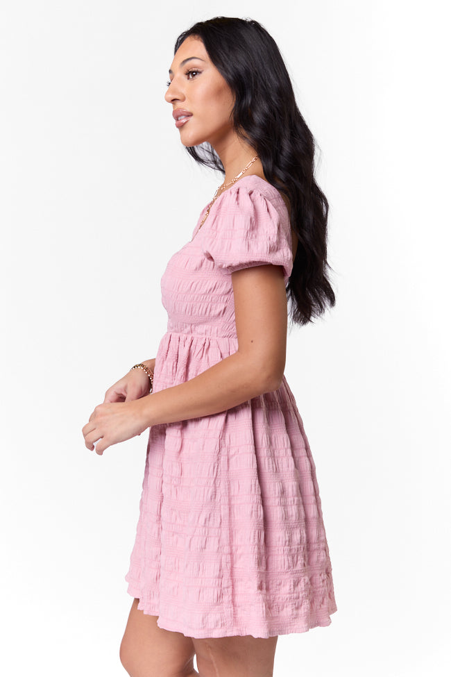 Breezing By Pink Textured Square Neck Mini Dress FINAL SALE - Image 3