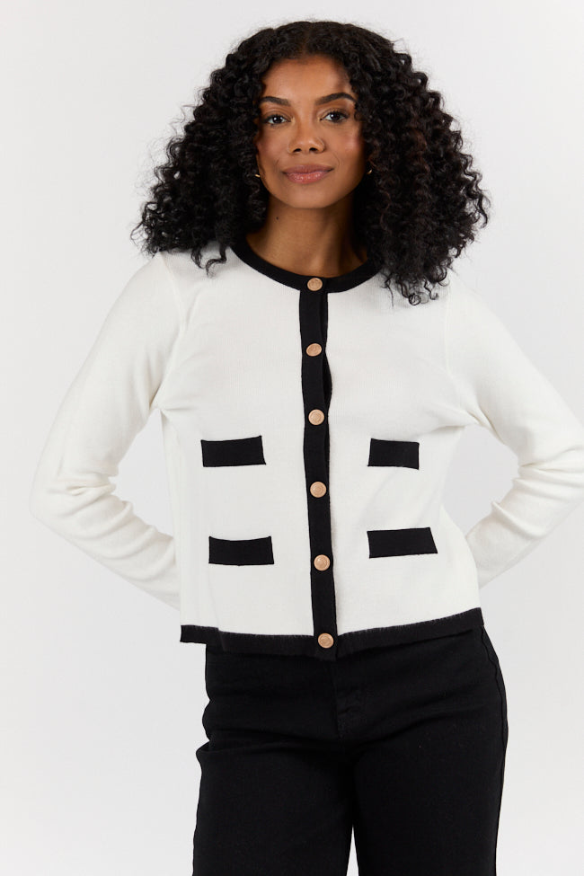 Forever Changing Ivory and Black Contrast Trim Cardigan FINAL SALE