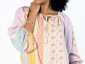 Come Along Multi Floral Patch Print Woven Pop Over Blouse FINAL SALE