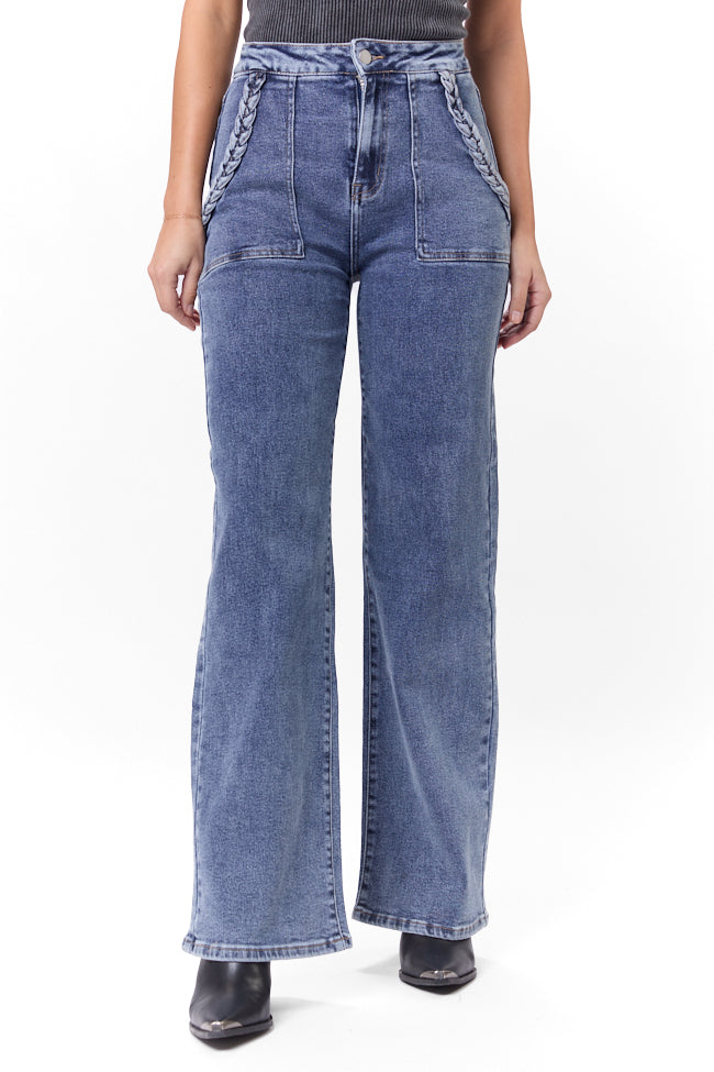 Carolyn Medium Wash Braided Pocket Wide Leg Jeans FINAL SALE