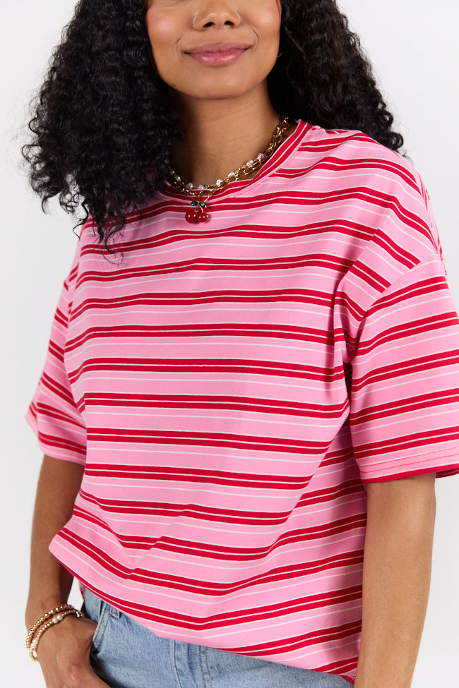 Between The Lines Pink and Red Oversized Striped Tee FINAL SALE - Image 3