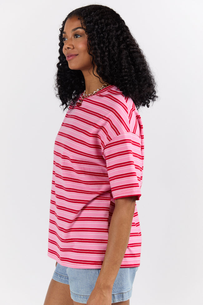 Between The Lines Pink and Red Oversized Striped Tee FINAL SALE - Image 4