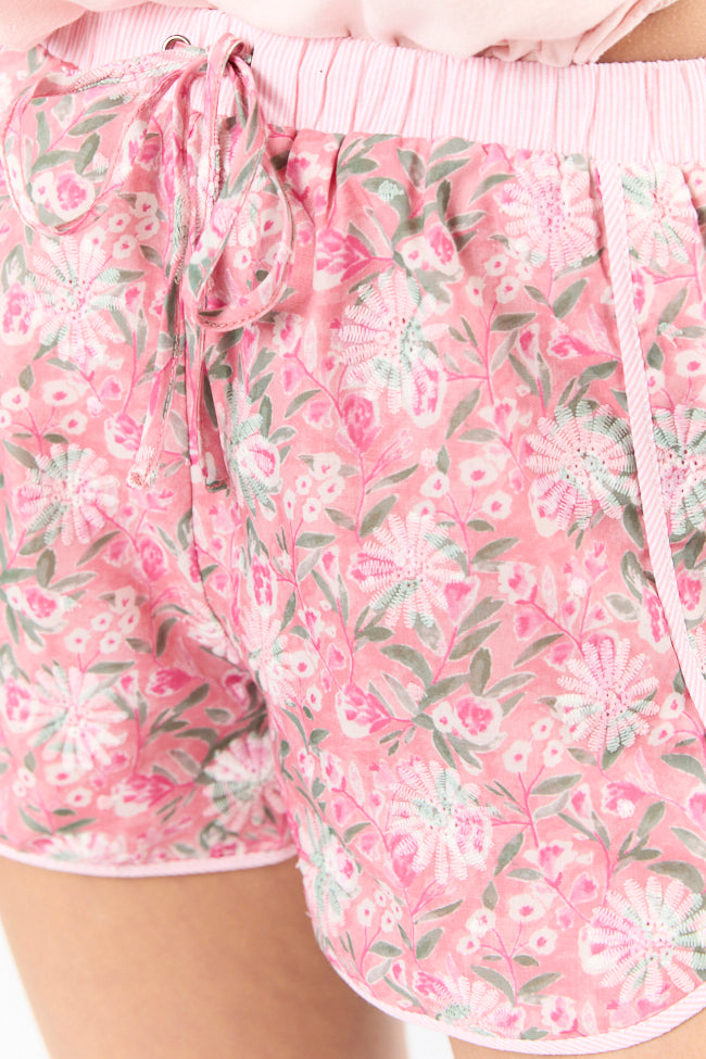 Beach Blooms Mauve Floral Embroidered Stripe Trim Pull On Shorts FINAL SALE - Image 2