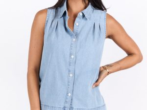 Smooth Sailing Light Wash Sleeveless Collared Chambray Tank FINAL SALE