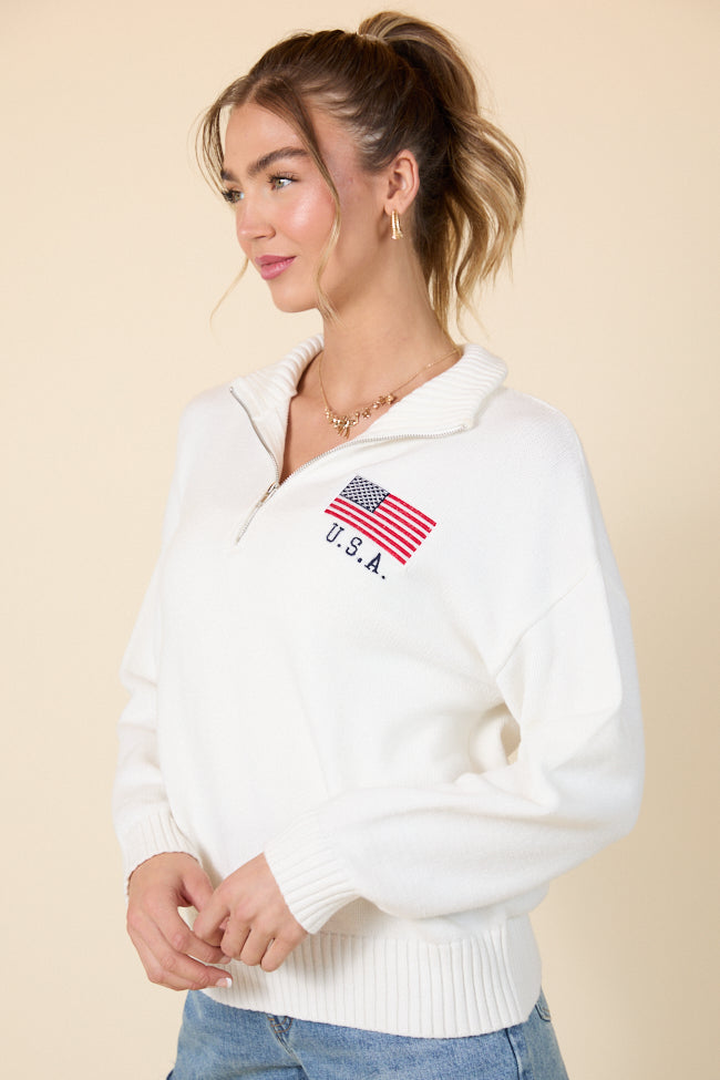 Fly High Cream American Flag Embroidered Quarter Zip Pullover FINAL SALE - Image 7