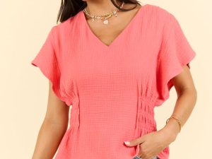 Missed You Solid Cinched Waist Woven Blouse FINAL SALE