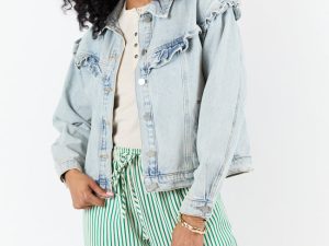 Told You So Light Wash Ruffle Trim Denim Jacket FINAL SALE