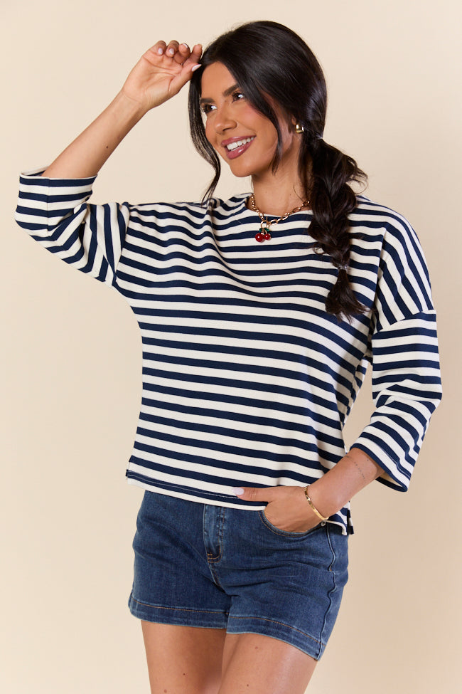 Bold Lines Navy Striped 3/4 Sleeve Knit Top FINAL SALE