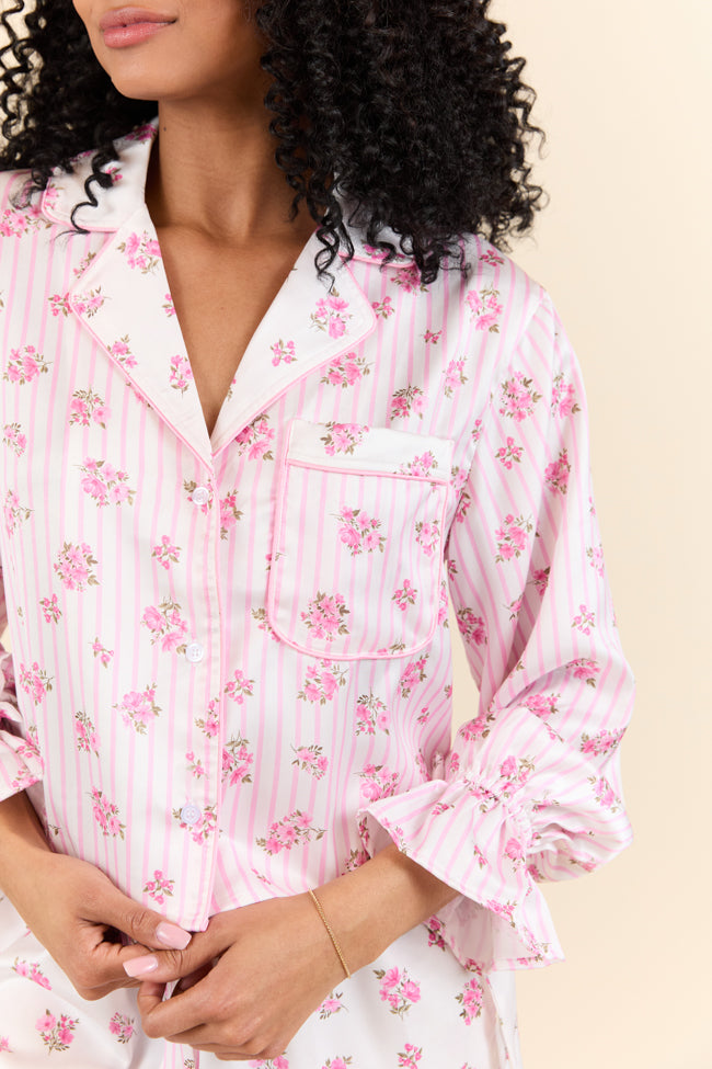 Sleep On My Side Pink Floral Satin Long Sleeve Pajama Top FINAL SALE - Image 2