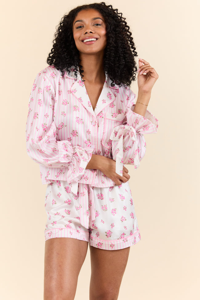 Sleep On My Side Pink Floral Satin Long Sleeve Pajama Top FINAL SALE