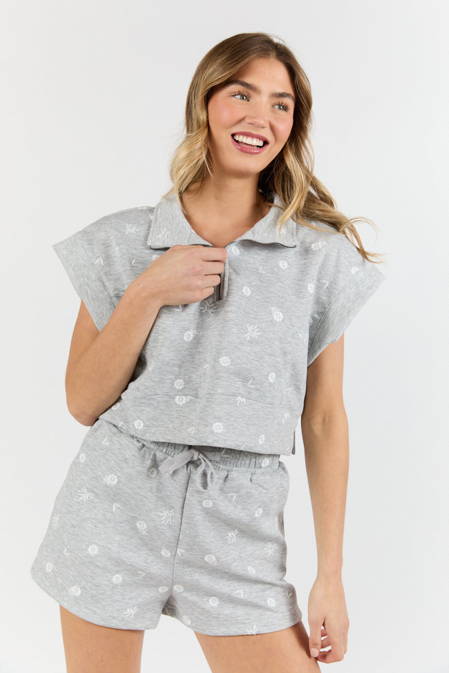 What A Catch Grey Floral Embroidered Half Zip Top FINAL SALE