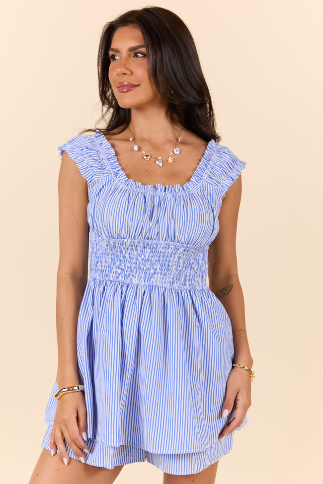 Good Things Take Time Blue Stripe Smocked Romper FINAL SALE - Image 3