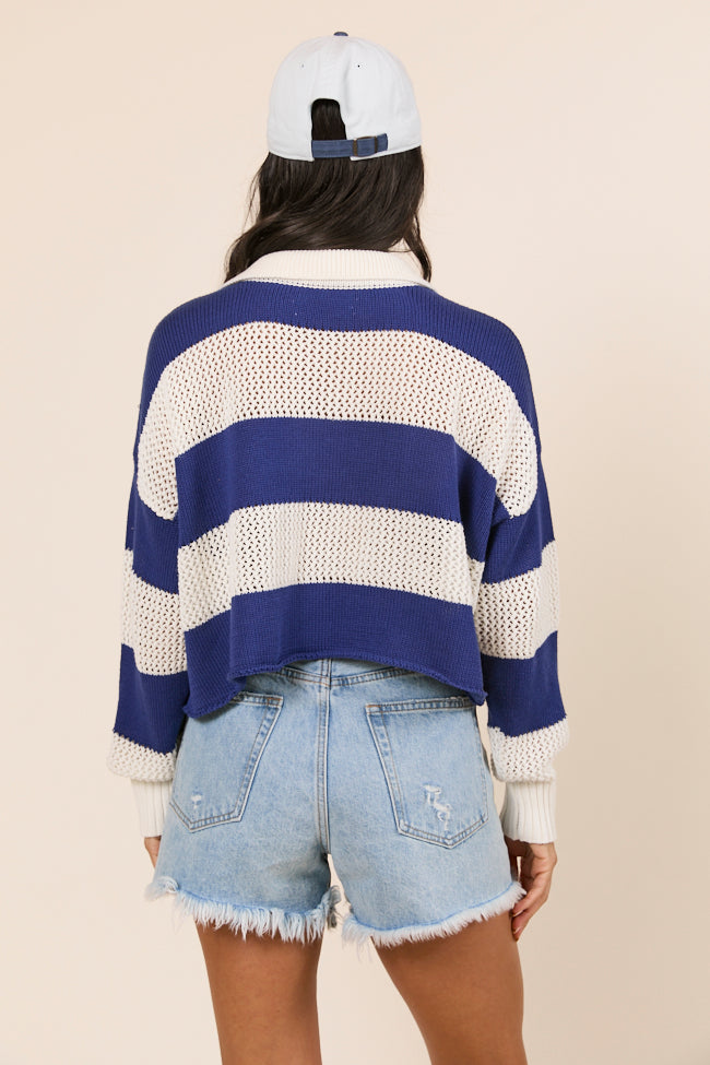 Zebb Long Sleeve Navy Blue Striped Open Knit Sweater FINAL SALE - Image 6