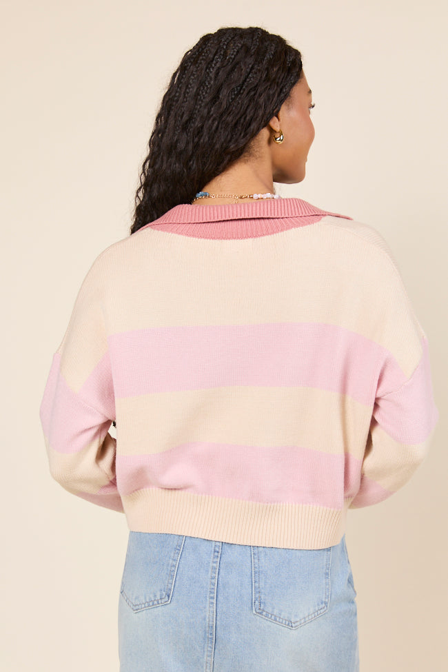 Hibiscus Pink and Cream Striped Collared V-Neck Sweater - Image 7