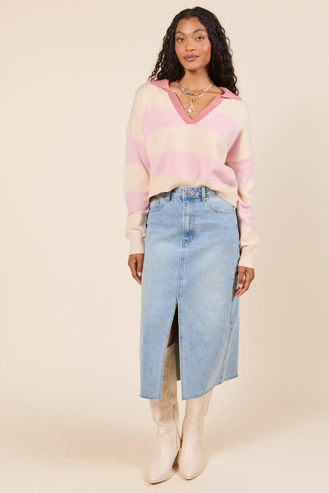 Hibiscus Pink and Cream Striped Collared V-Neck Sweater - Image 4