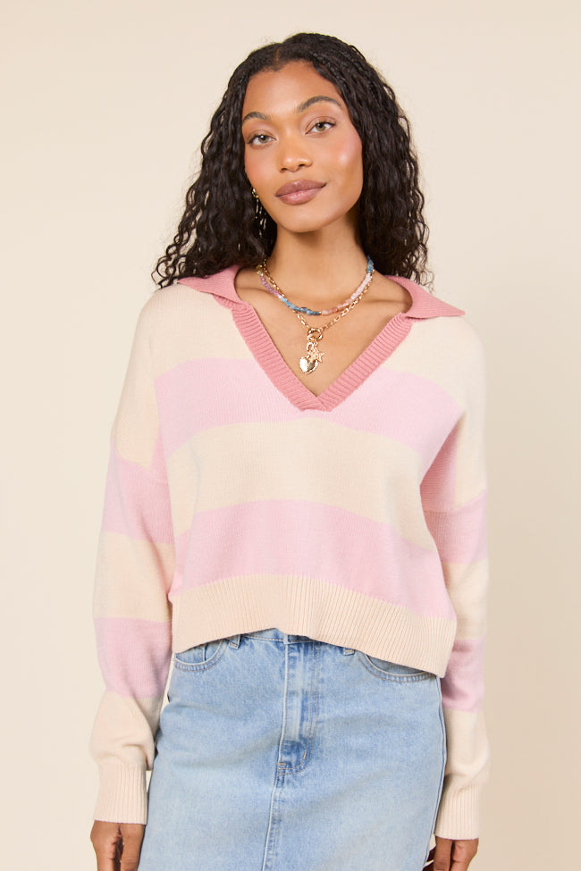 Hibiscus Pink and Cream Striped Collared V-Neck Sweater - Image 5